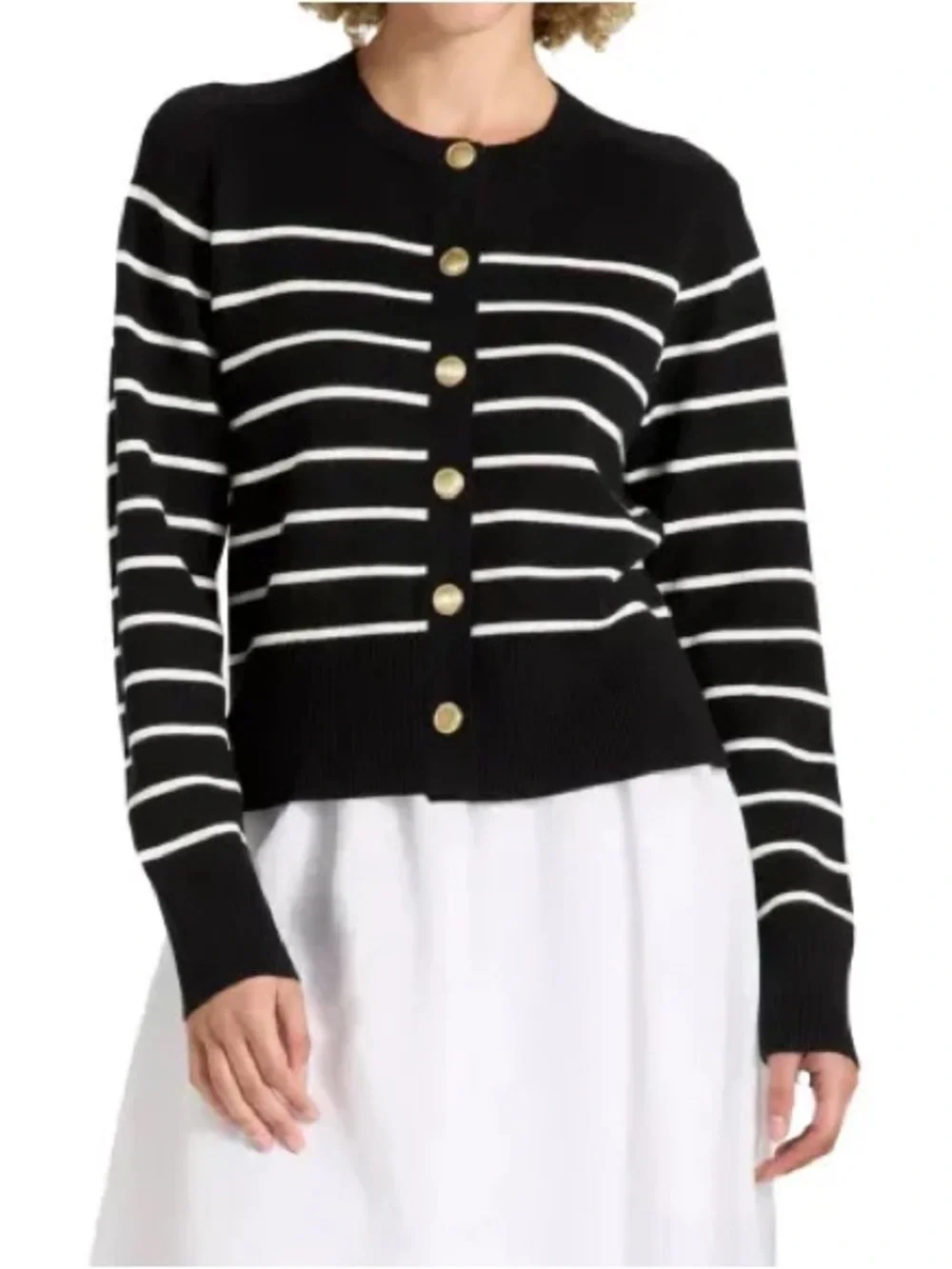 a new day Black & White Striped Crewneck Cardigan with Gold Buttons